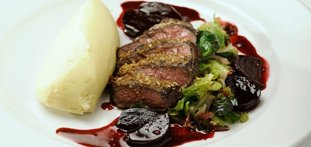 Dukkah Spiced Roast Venison With Brussels Sprouts and Glazed Beetroot