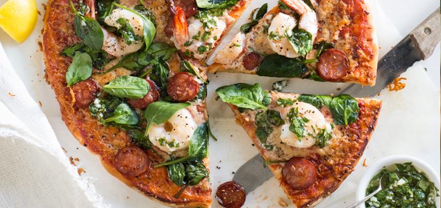 Spanish Prawn & Chorizo Pizza with Coriander and Parsley Oil