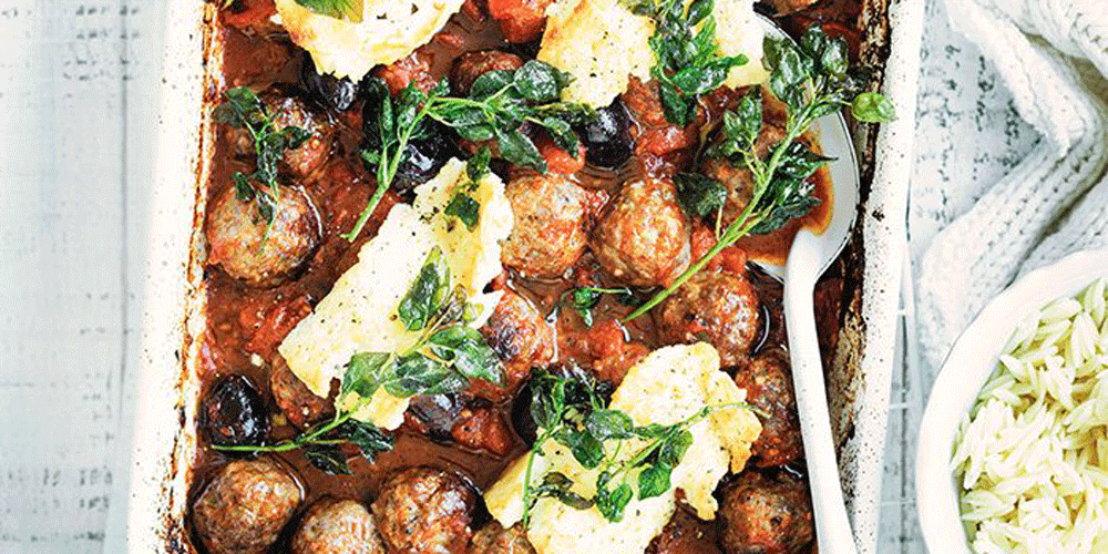 Baked Lamb Meatballs with Olives and Feta and Orzo Pasta
