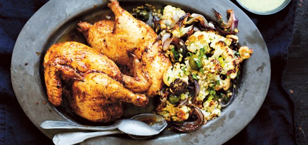 Moroccan Spiced Roast Chicken with Barley and Cauliflower Salad