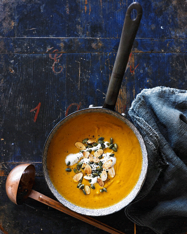 Pumpkin, Apple and Fennel Soup with Cream, Pumpkin Seeds and Almonds