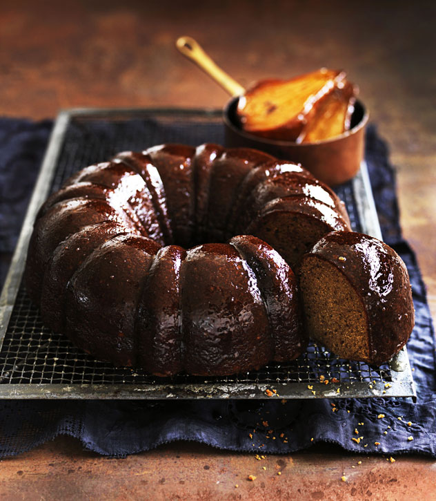 Stout and Coffee Bundt Cake with Roasted Pears