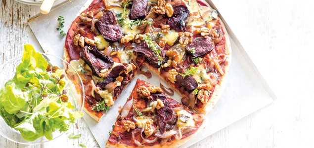 Venison Pizza with Caramelized Onion, Blue Cheese and Walnuts