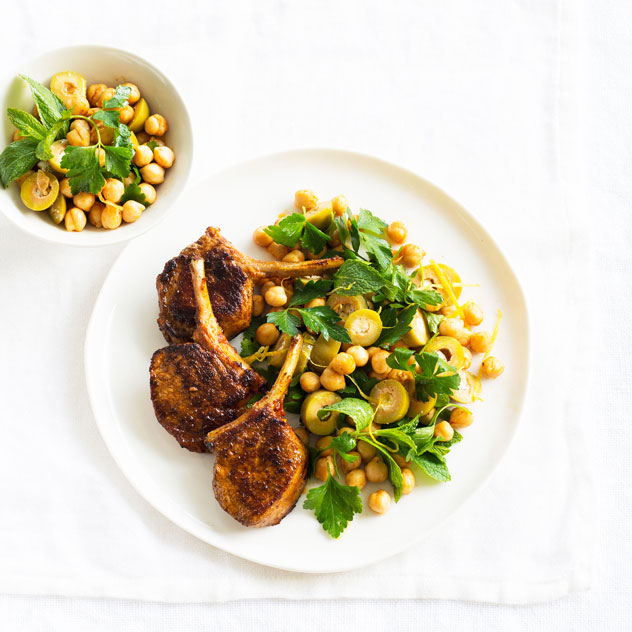 Paprika Lamb with Green Olives, Mint and Chickpea Salad