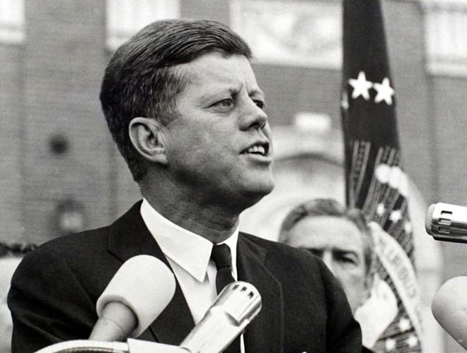 President John F. Kennedy delivers a speech at a rally in Fort Worth, Texas several hours before his assassination in this November 22, 1963