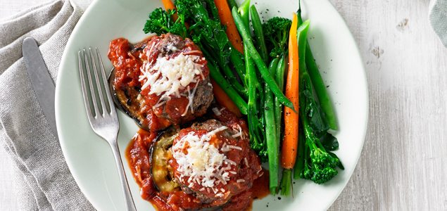 Italian Beef Rissoles with Grilled Eggplant, Tomato and Parmesan