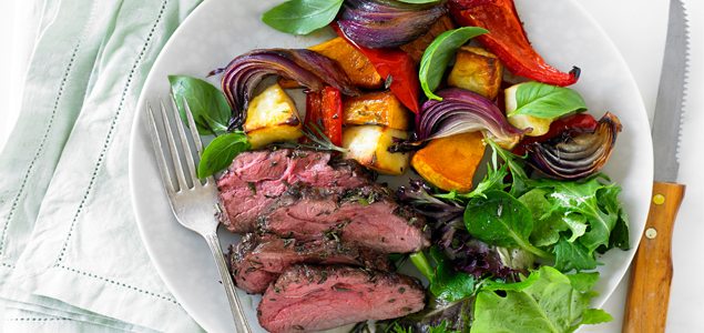 Rosemary Lamb Rump with Balsamic Roasted Vegetables and Haloumi