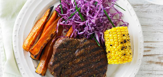 Cajun Chargrilled Beef Rump Steak with Grilled Corn, Sweet Potato Wedges and Red Cabbage Slaw