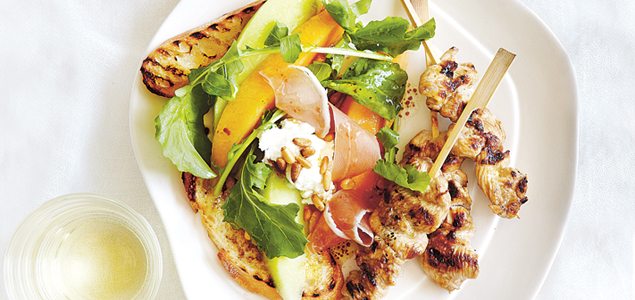 Caramelised Chicken Skewers with Parma Ham and Melon Salad