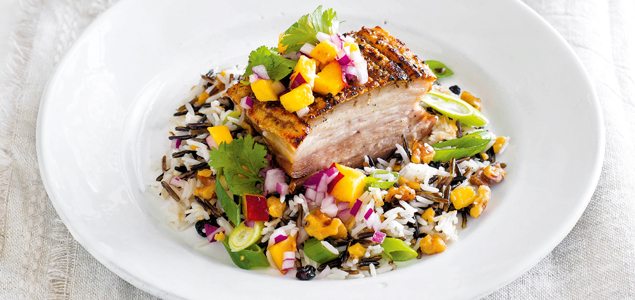 Spiced Pork Belly and Nectarine Salsa with Rice Salad