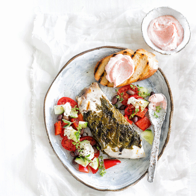 Blue-Eye Trevalla in Vine Leaves with Greek Salad