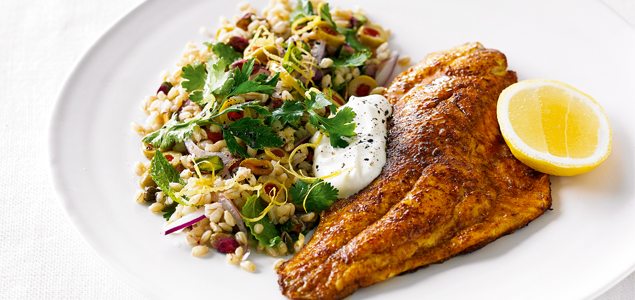 Spiced Fish with Barley and Olive Salad