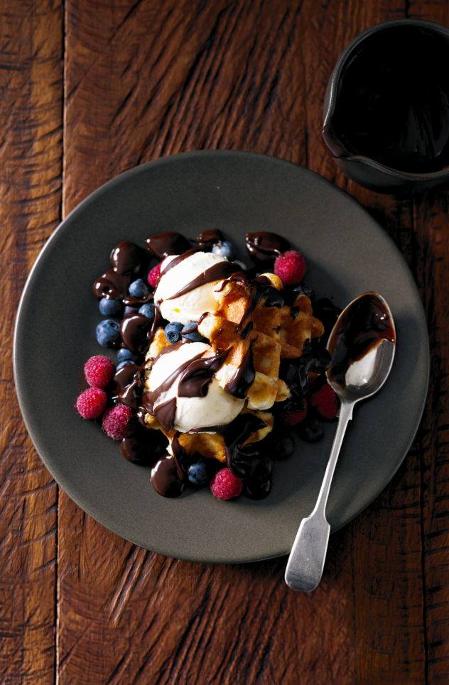 Waffles With Fast Chocolate Sauce And Berries