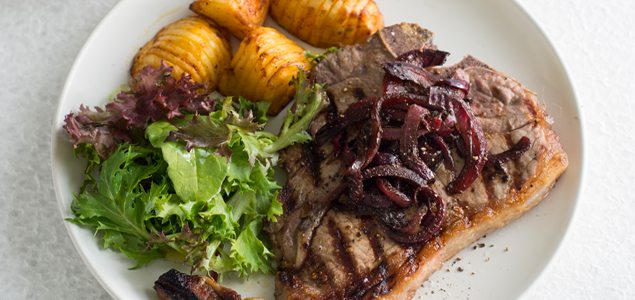 T-Bone Steak with Balsamic and Onion Sauce and Hasselback Potatoes