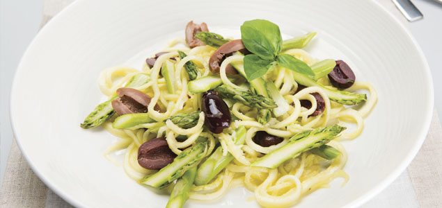 Two-Minute Zucchini Fettuccine with Asparagus and Fresh Olives