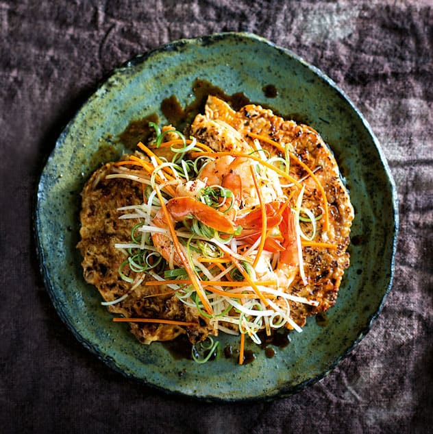 Pork & Kimchi Pancake with Prawn and Spring Onion Salad