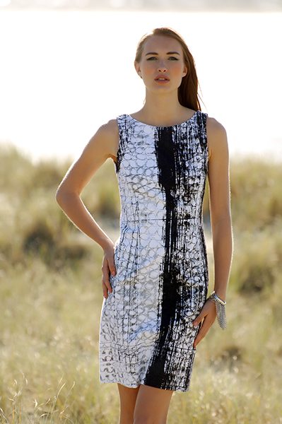 Jane Daniels fitted print cotton dress made from a textured printed stretch cotton from Como, Italy.