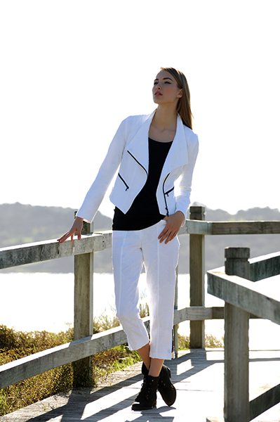 Jane Daniels biker-style jacket and pant in textured cotton from Italy.
