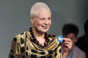 Designer Vivienne Westwood displays her "Yes" badge, in reference to Scotland's independence referendum following the presentation of her Vivienne Westwood Red Label Spring/Summer 2015 collection during London Fashion Week