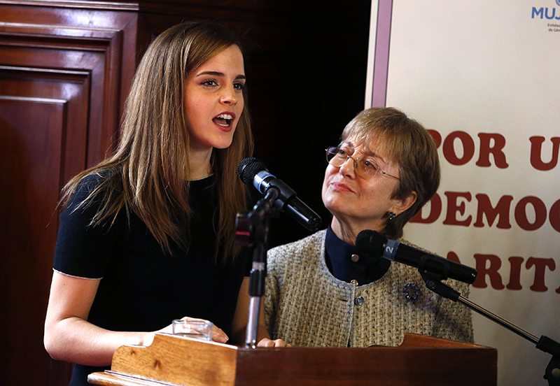 U.N. Women Goodwill Ambassador Emma Watson gives her speech during an activity to promote political shares in Montevideo