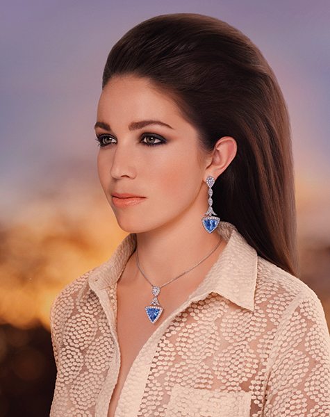 Sarah Walker wears aquamarine and diamond earrings and pendant from Partridge Jewellers.