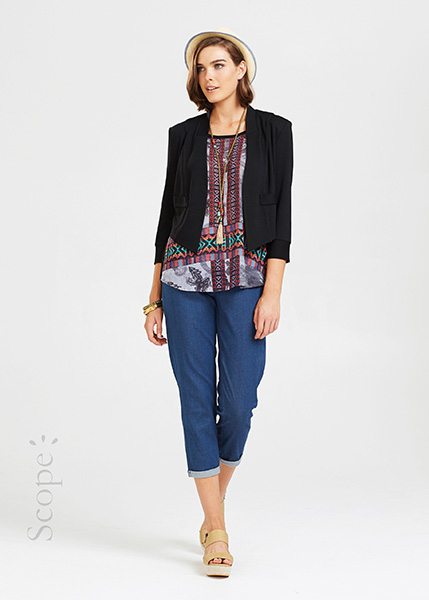 Scope 'Aztec' top, 'Bella' jacket and 'Pull On' pant.