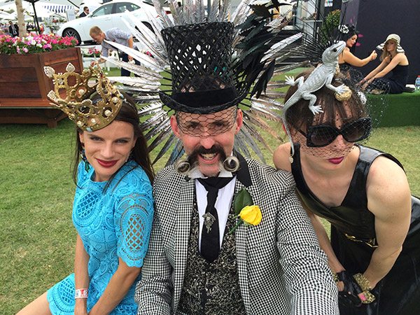 Meeting of millinery - Nikki Pash (left) from The Human Chameleon, milliner Richard Nylon, and Kristine Walker from The Human Chameleon headpieces and accessories.