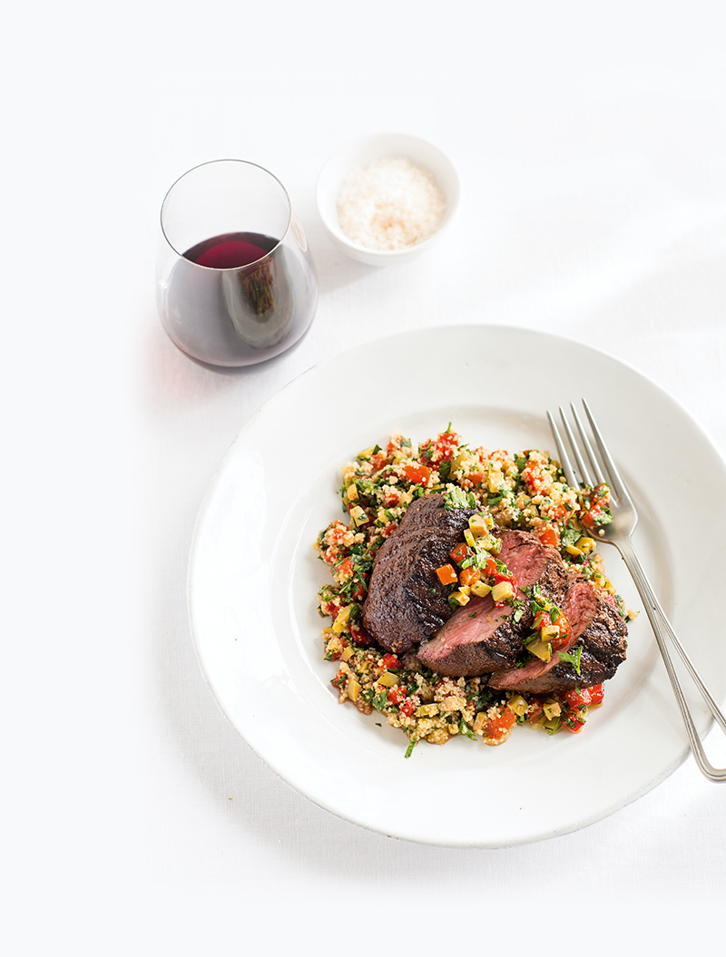 Moroccan Beef Tenderloin on Couscous with Herb Salsa