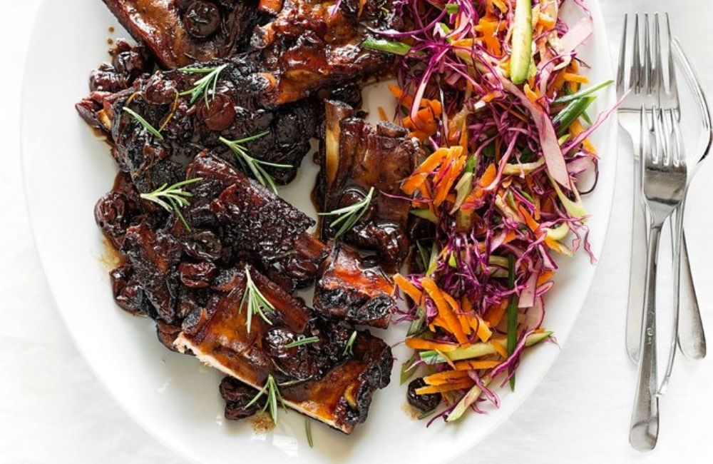 Roasted Spare Ribs with Rosemary, Spicy Cherry Sauce and Slaw