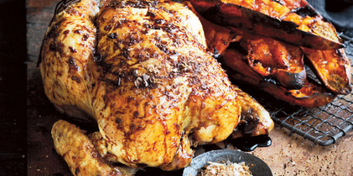Five-Spice Crispy Roast Chicken with Roasted Sweet Potato