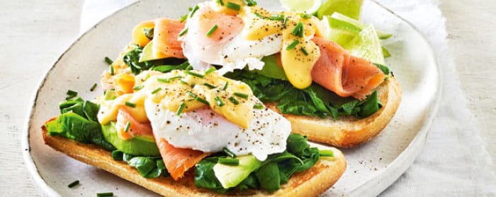 Salmon & Eggs Benedict with Wilted Spinach & Avocado