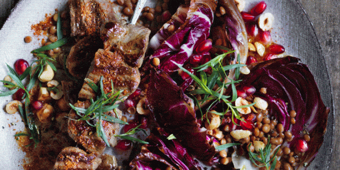 Merguez Marinated Lamb Skewers with Lentil & Charred Radicchio Salad Recipe 