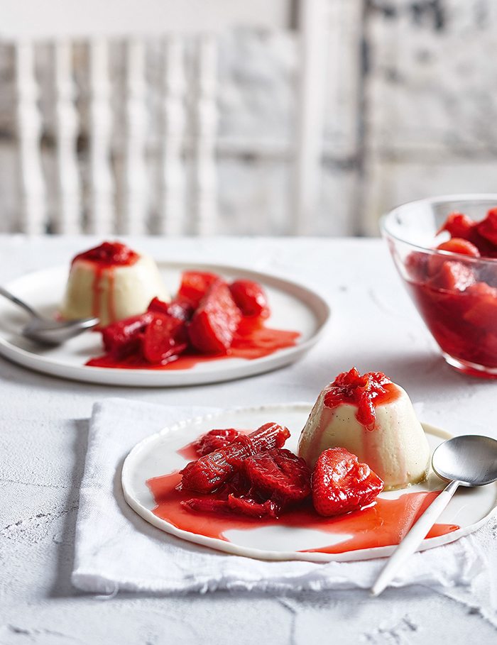 White Chocolate & Green Tea Panacotta with Rhubarb & Strawberries Poached in Rosé