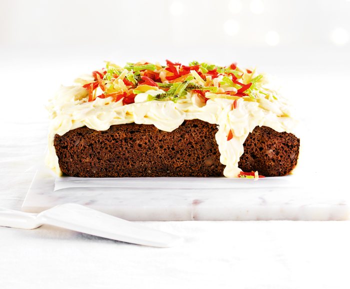 Sticky Chestnut & Date Cake With Brandy Cream Cheese Icing