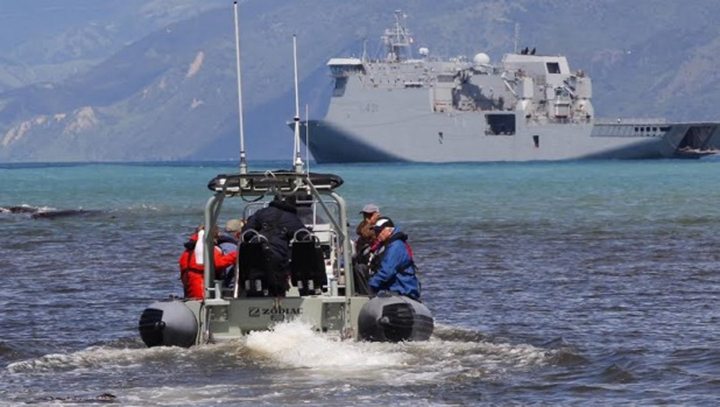 People are ferried from Kaikoura to the frigate Canterbury today