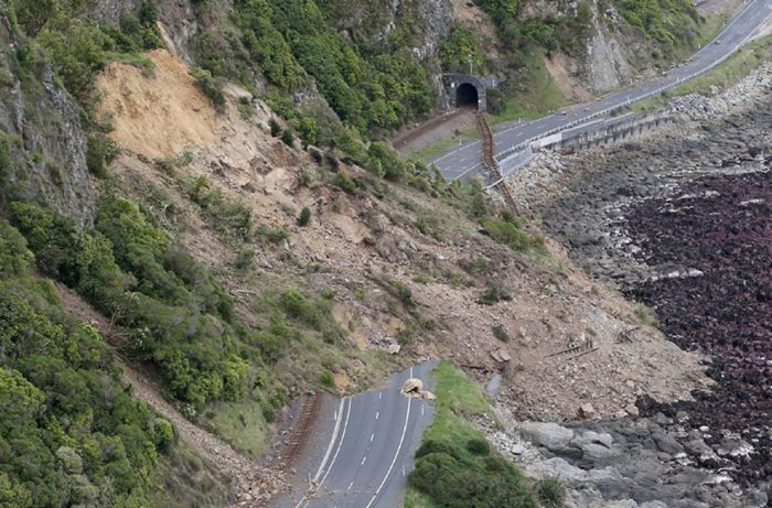 Kaikoura has been cut off by massive landslips that have wrecked the railway and highways