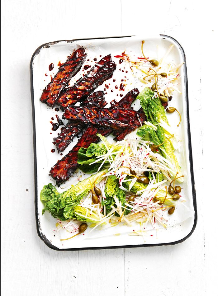 Sticky Pork Belly Steaks With Pear & Caperberry Salad