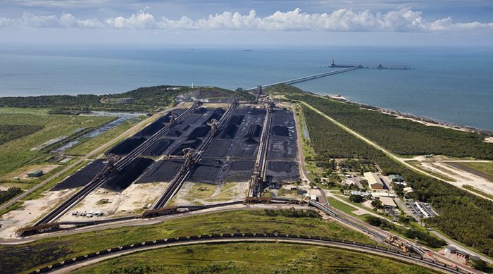Mountains of coal wait transfer to the offshore port at Abbot Point. There'll be much, much more when the Carmichael mine is working. 