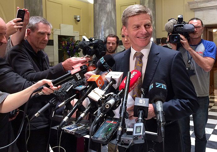 New Zealand Finance Minister and Deputy Prime Minister Bill English speaks to members of the media in Wellington, New Zealand, December 5, 2016 to announce he is considering running for the leadership of the ruling National Party after the surprise resignation of Prime Minister John Key. REUTERS/Charlotte Greenfield