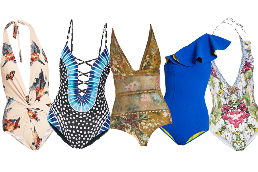 Left to right: Katie Eary fish-print swimsuit from MatchesFashion.com; Mara Hoffman criss cross front one piece from marahoffman.com; Zimmermann Tropicale triangle one piece; Lisa Marie Fernandez Arden Flounce swimsuit from MatchesFashion.com; Camilla Exotic Hypnotic ruffle-neck one piece from camilla.com.au.