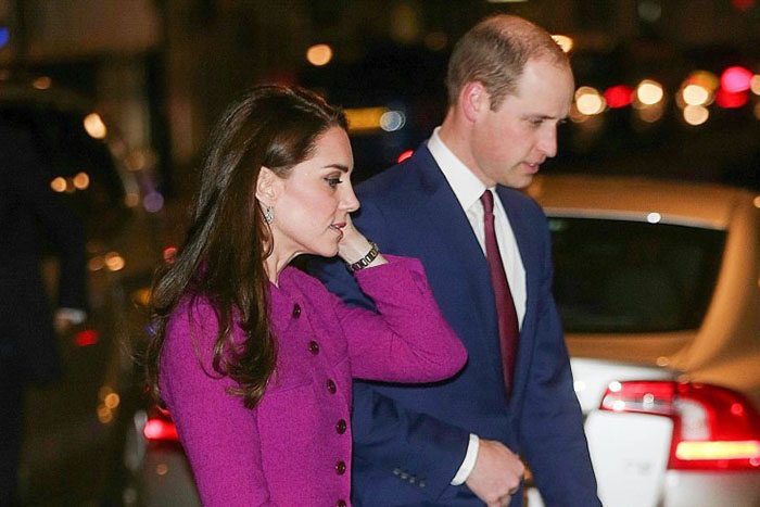 William and Kate, wearing a magenta Oscar de la Renta skirt suit, arrive at the Health Writers Conference in London