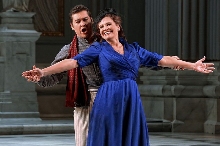 Teodor Ilincai as Cavaradossi and Ainhoa Arteta as Tosca in Opera Australia’s production of Tosca. Photo by Prudence Upton