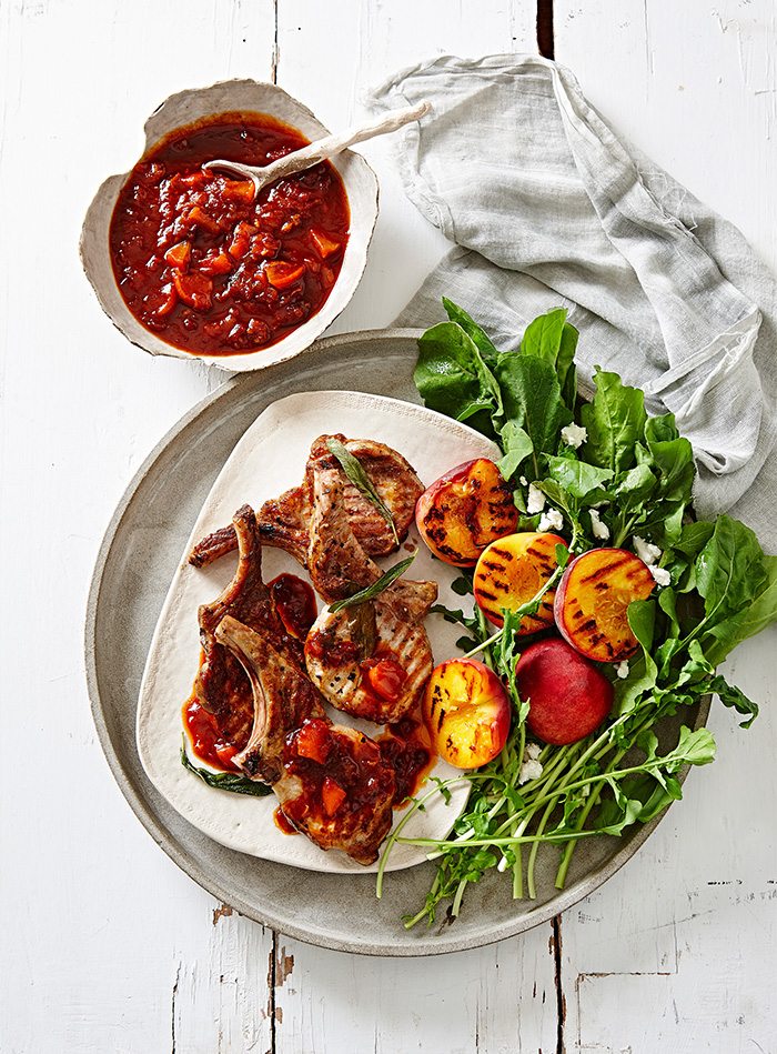 Pork Chops with Peaches and Spiced Bourbon Barbecue Sauce
