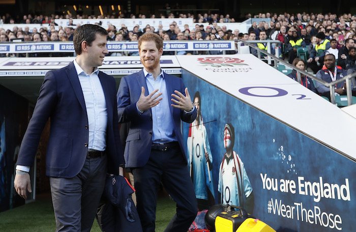 Britain's Prince Harry walks from the tunnel with Ben Calveley of the RFU, during a visit to an England Rugby Squad training session at Twickenham Stadium in London, Britain, February 17, 2017. REUTERS/Kirsty Wigglesworth/Pool