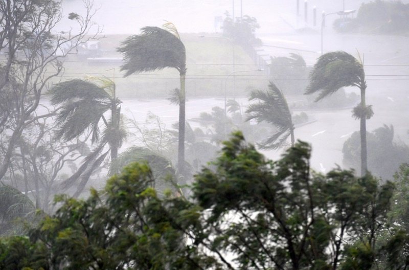 Strong wind and rain from Cyclone Debbie is seen effecting trees at Airlie Beach, located south of the northern Australian city of Townsville, March 28, 2017.    AAP/Dan Peled/via REUTERS    