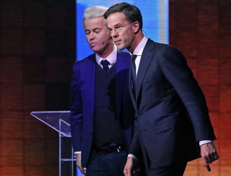 Dutch voters preferred steady-as-she-goes prime minister Mark Rutte (right) over far-right firebrand Geert Wilders (left)