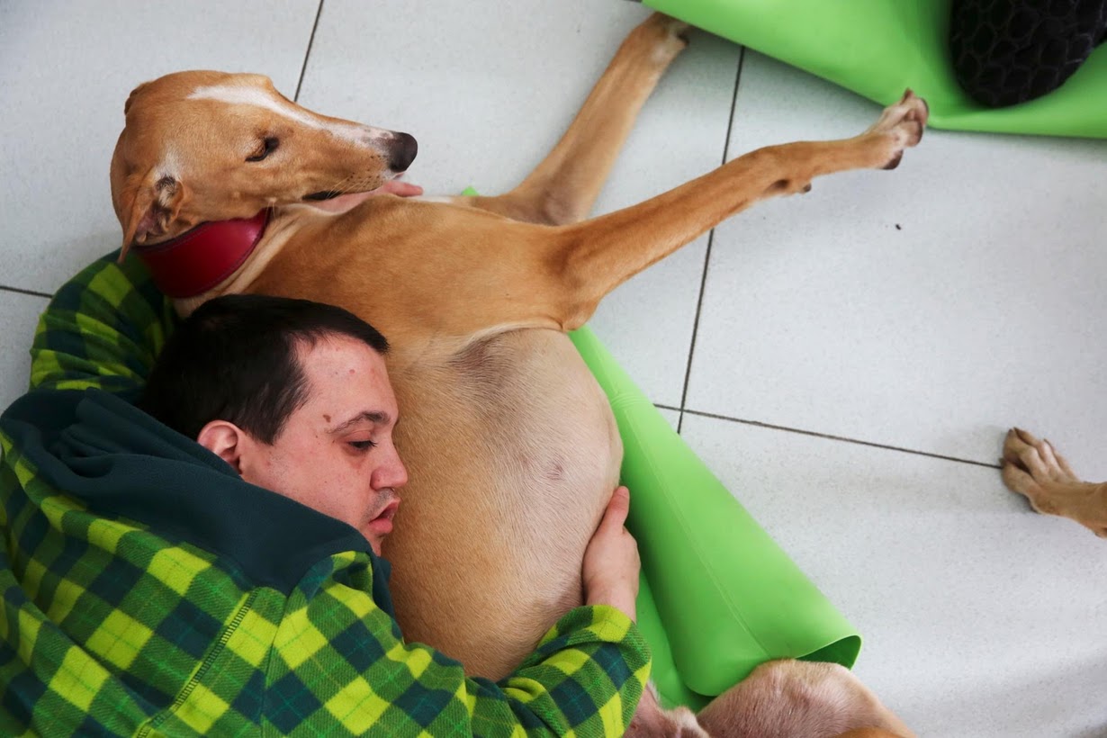 Andres Garcia, 29, embraces Argi, a trained therapeutic greyhound used to treat patients with mental health issues and learning difficulties, as he relaxes at Benito Menni health facility in Elizondo, northern Spain. REUTERS/Susana Vera