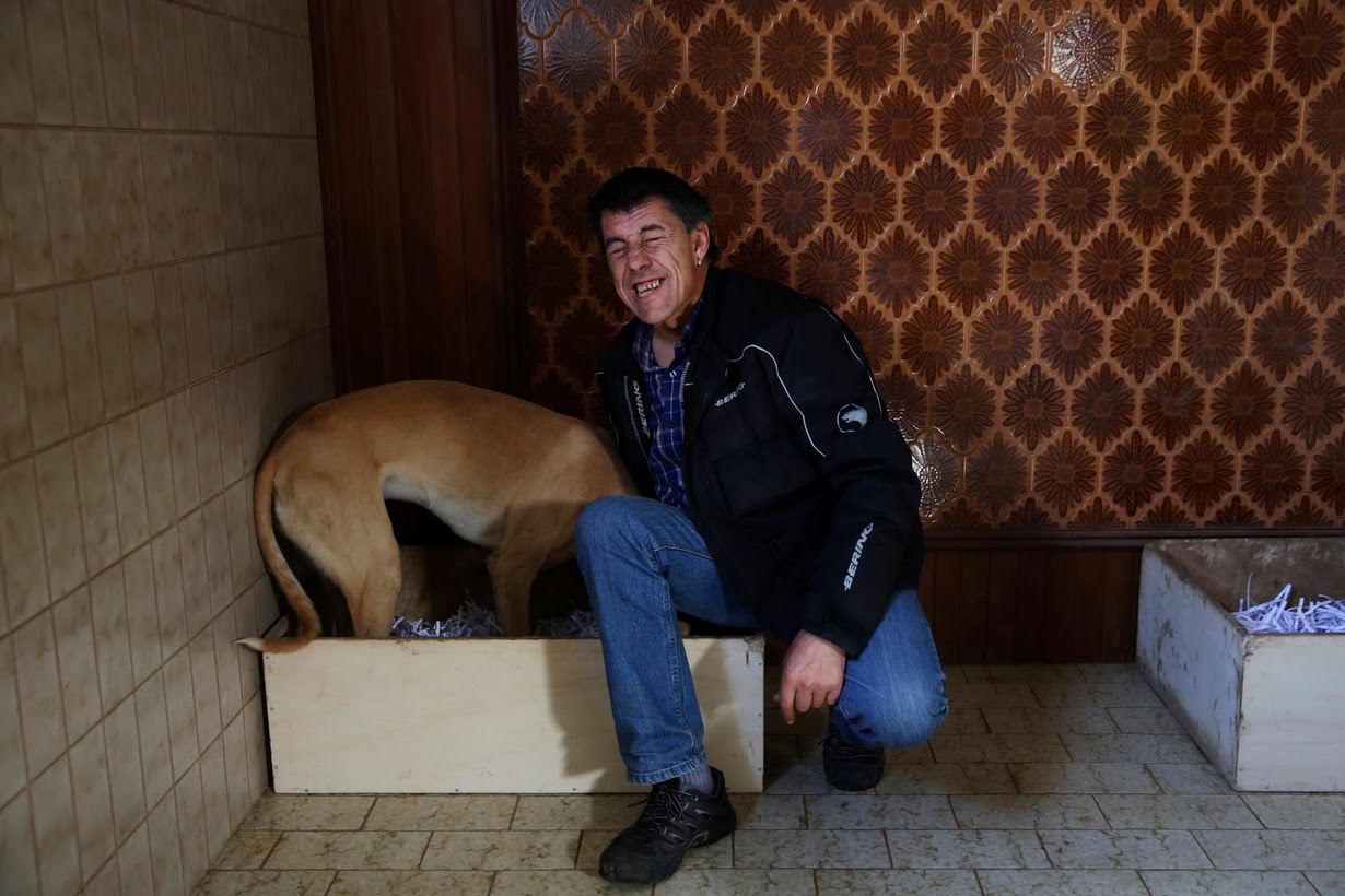 David Villanueva, 44, reacts as he caresses Atila, a trained therapeutic greyhound used to treat patients with mental health issues and learning difficulties, in its bed at Benito Menni health facility in Elizondo, northern Spain. REUTERS/Susana Vera