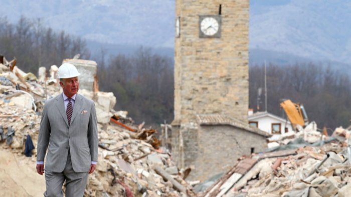 Prince Charles visits the ruins of Amatrice. the town clock stopped at the moment of the earthquake. Picture Reuters