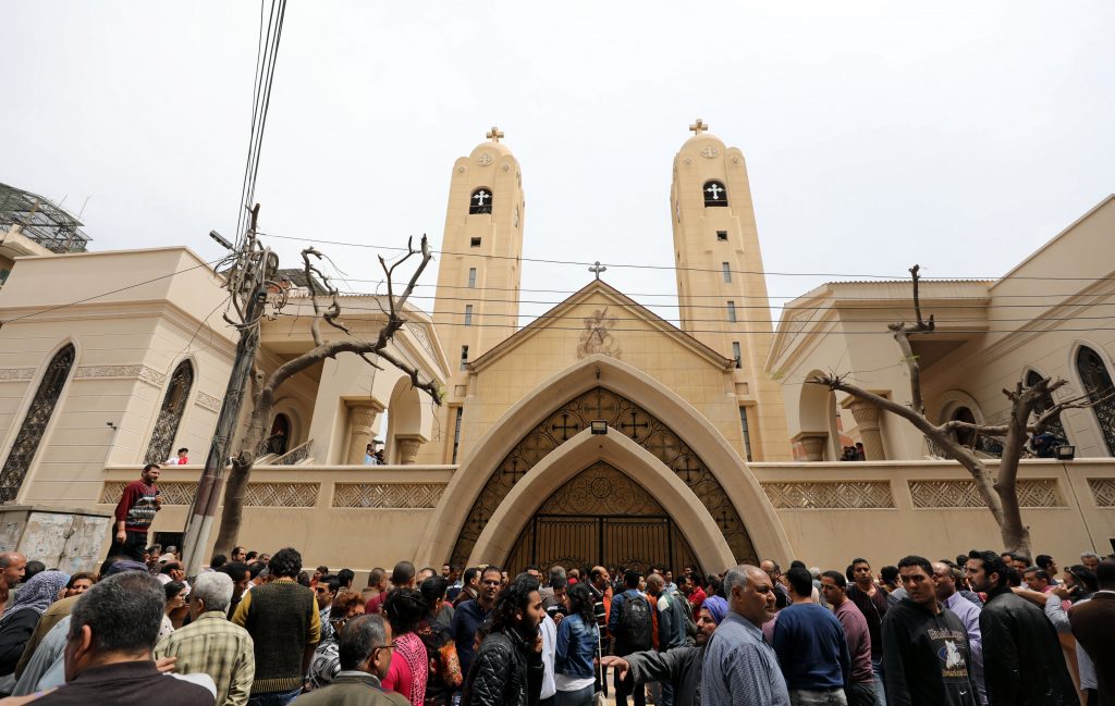 Egyptians gather in front of a Coptic church that was bombed on Sunday in Tanta, Egypt, April 9, 2017.  REUTERS/Mohamed Abd El Ghany